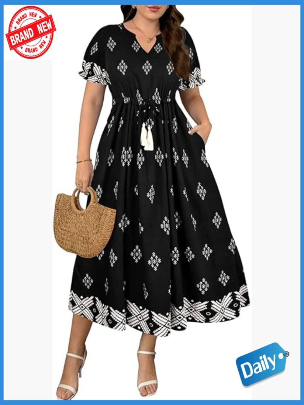 Plus Size Midi Dress V Neck Short Sleeve Flowy Boho Drawstring Tassel Waist